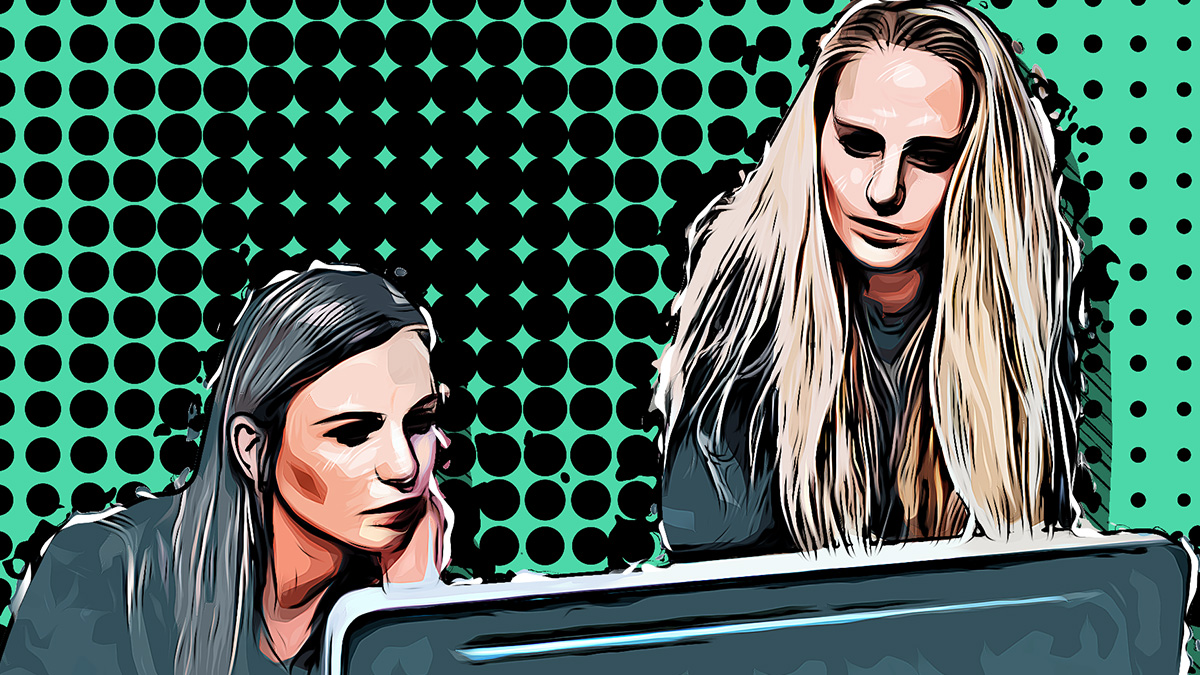 comic style zwei Frauen vor Bildschirm