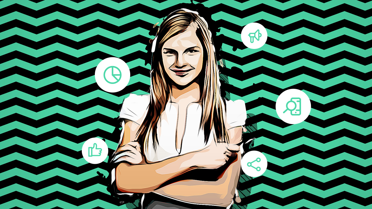 Frau in Comic Style mit Marketing-Icons